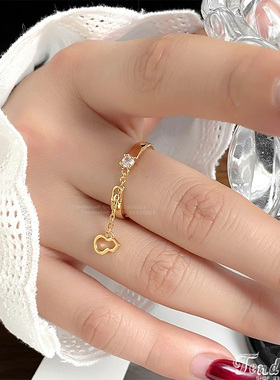 镂空葫芦坠水钻链条开口戒指