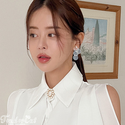 优雅圆形贝壳片几何坠珍珠耳环