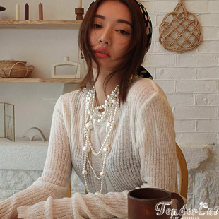 名媛范层次感珍珠串长项链小香风大小珍珠混搭多层项链