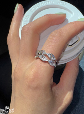 水钻波浪边方形锆石双层开口戒指