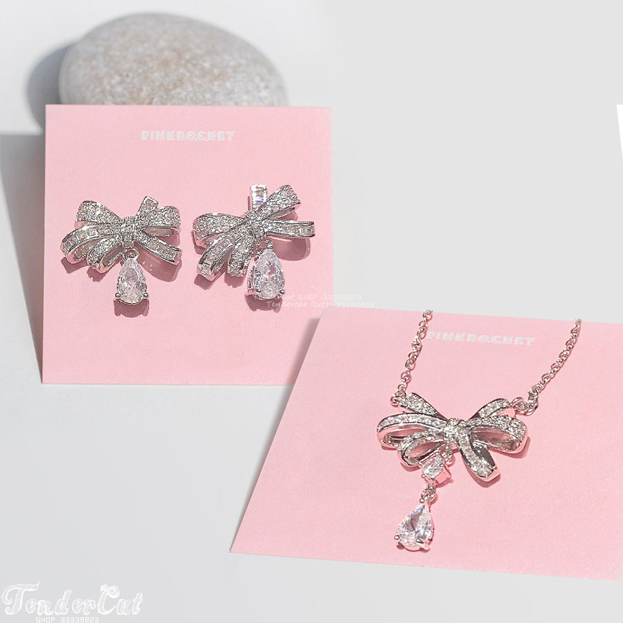 Cubic Ribbon Necklace 闪耀水钻层次感蝴蝶结耳环水滴坠项链