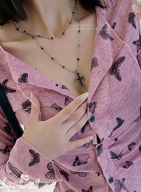 锆石水钻合金通用十字架双层项链