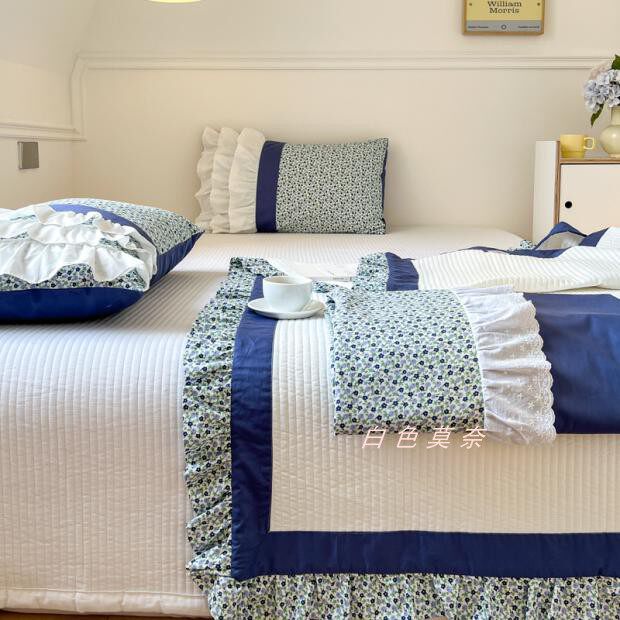ins家居风小碎花花边全棉撞色床盖三四件套纯棉夹棉绗缝床单盖毯