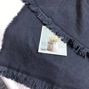 白色莫奈纯棉亚麻混纺休闲毯子纯色毛毯加厚砂洗工艺流苏装 饰卧室