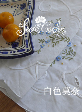 [白色莫奈]清库*出口英国盘带绣蓝花棉质情侣桌旗餐垫三件套
