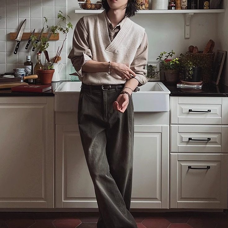 EKPE通勤简约风高腰阔腿长裤女宽松直筒弯刀裤男女同款