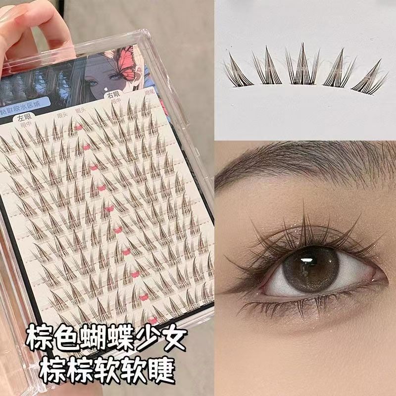 免胶新手棕色超自然分段式镜假睫毛仿真单簇上漫画蝴蝶眼睫毛