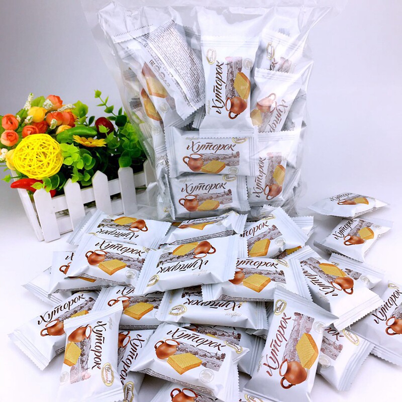 俄罗斯原装进口小农庄奶罐威化饼干鲜奶芝士零食品糖果500克包邮