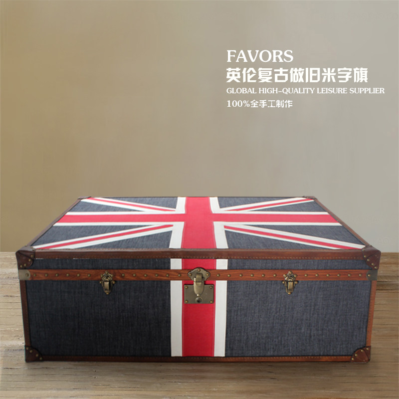 美式复古做旧茶几 创意客厅方形实木翻盖牛仔布艺箱式咖啡桌打折