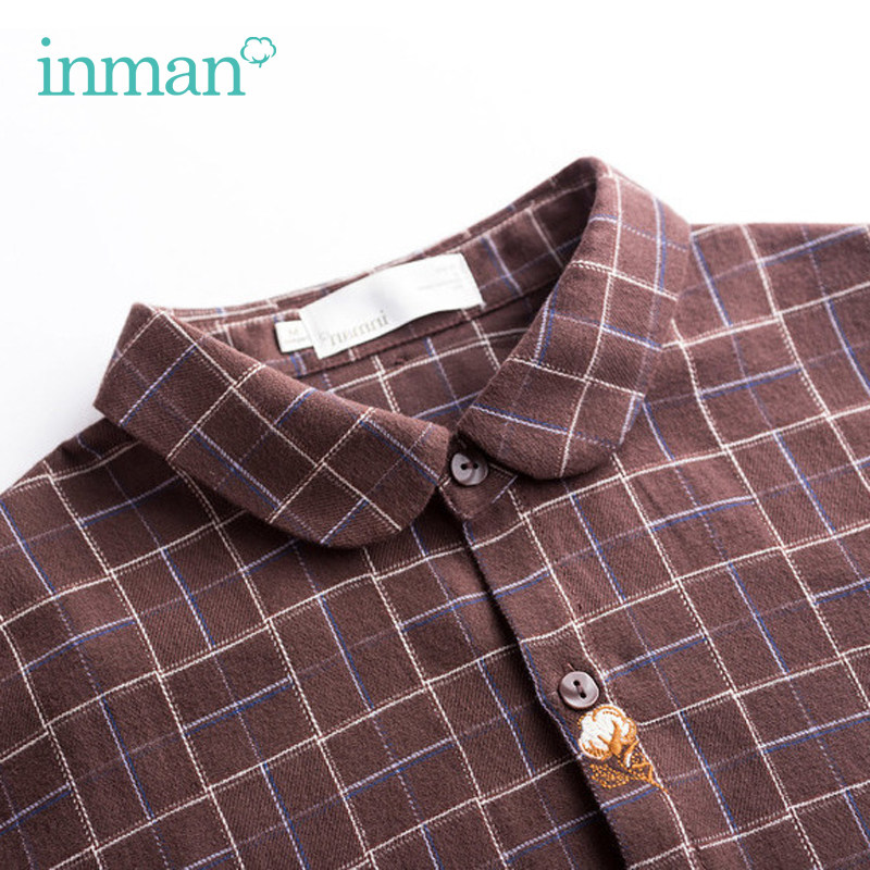 茵曼翻领衬衣春秋新款复古文艺格子衬衫女士长袖纯棉格格上衣宽松