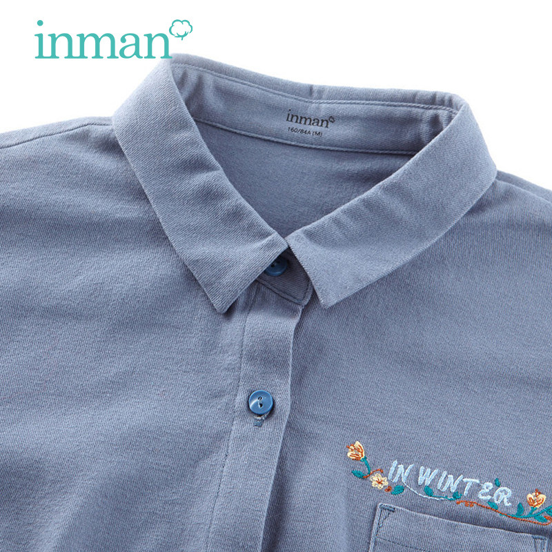 茵曼长袖衬衫女2020年冬装新款绣花蓝色衬衣文艺纯棉纯色上衣外穿