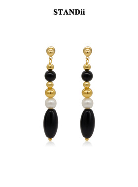 STANDii手作 新中式黑色耳钉古风轻奢串珠水滴耳环国风高级感