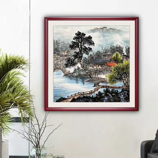 纯手绘国画三尺斗方无落款山水画客厅办公室新中式装饰背景带框画