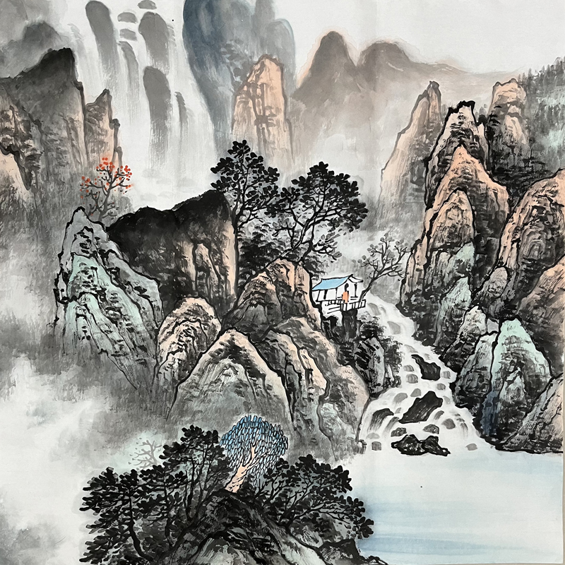 纯手绘国画四尺斗方无落款山水画 福地安居图源远流长办公室装饰1