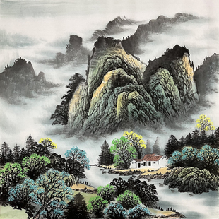 纯手绘国画四尺斗方无落款水墨山水画青山绿水 源远流长办公室画4
