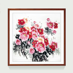 纯手绘国画花鸟无落款六尺斗方牡丹花中式客厅牡丹沙发背景墙装饰