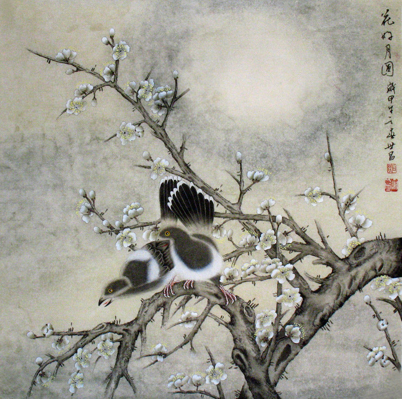 名家谢世昌国画精品工笔花鸟画装饰纯手绘真迹四尺斗方白梅花冬梅