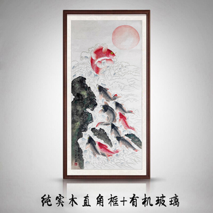 手绘真迹国画三尺花鸟画客厅玄关装饰四尺竖幅工笔九鱼图鱼跃龙门