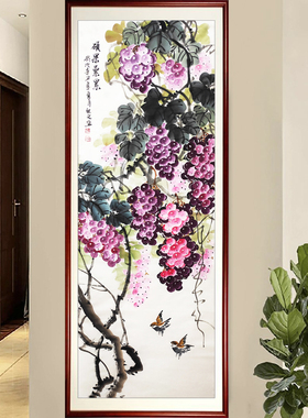 定制手绘国画花鸟画客厅字画小六尺竖幅葡萄树硕果累累葡萄秋实图