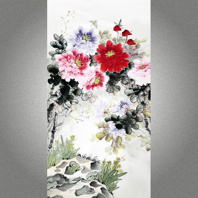 手绘真迹精品牡丹定制国画花鸟中堂字画四尺竖幅无落款牡丹画1852