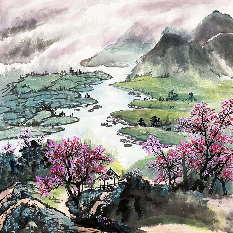 纯手绘国画四尺斗方无落款水墨山水画青山绿水 源远流长办公室画7