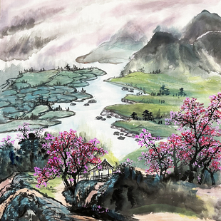 纯手绘国画四尺斗方无落款水墨山水画青山绿水 源远流长办公室画7