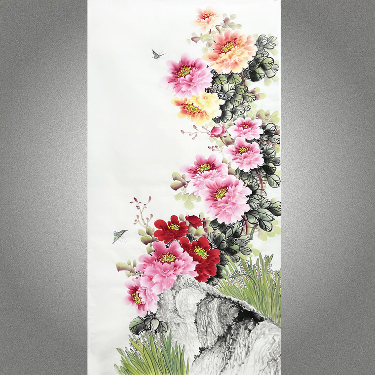 纯手绘真迹特价牡丹画国画花鸟装饰字画四尺竖幅无落款牡丹画1845