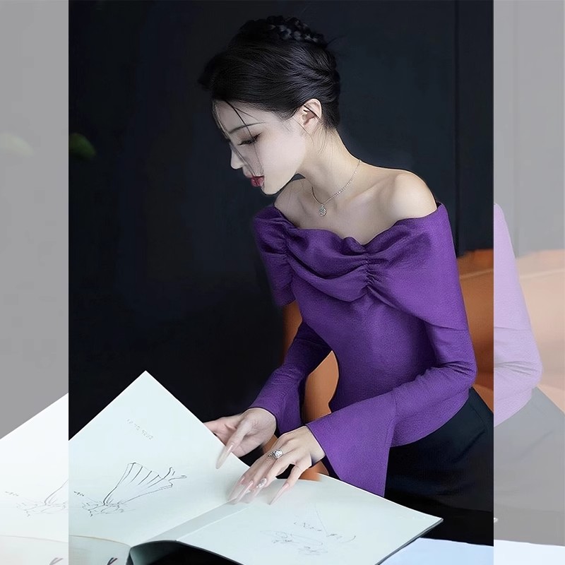 紫色一字肩上衣女2025秋季新款高级感独特漂亮法式高端小资小上衣