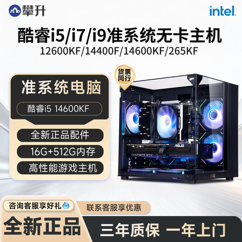 攀升无显卡海景房电脑主机12600KF/13400/14400F/14600KF/270K/265KF 台式DIY组装机可搭50系显卡
