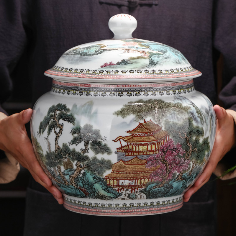 仿古中式瓷器超大茶缸茶叶罐子陶瓷大容量普洱茶包装盒茶饼收纳罐
