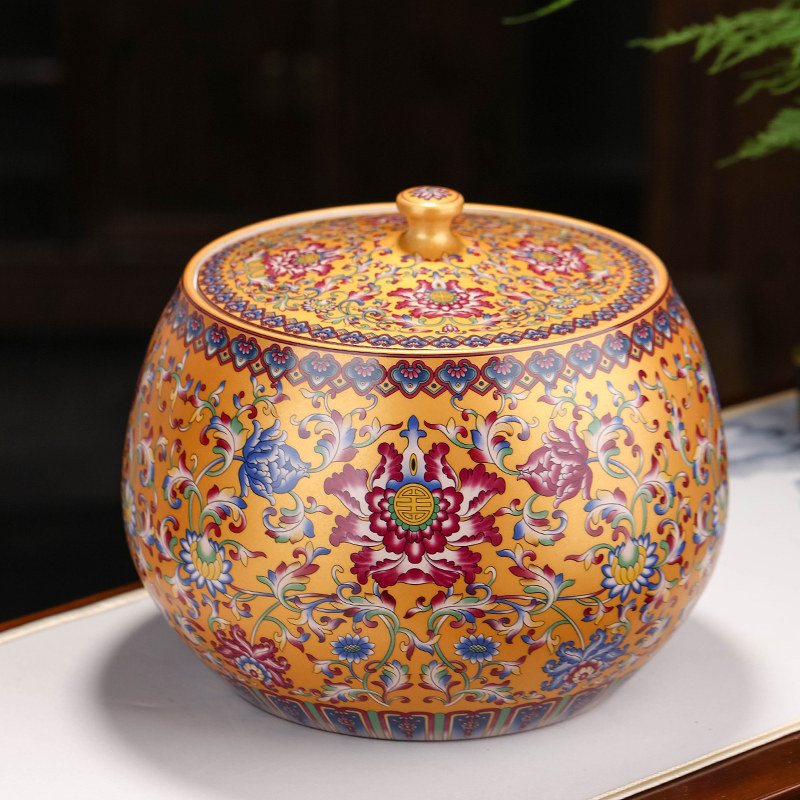 复古七子饼存茶罐普洱茶包装盒珐琅彩茶叶罐密封罐景德镇陶瓷大号