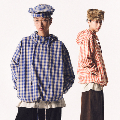 MANUFACTURE 格纹棉感立领连帽衬衫