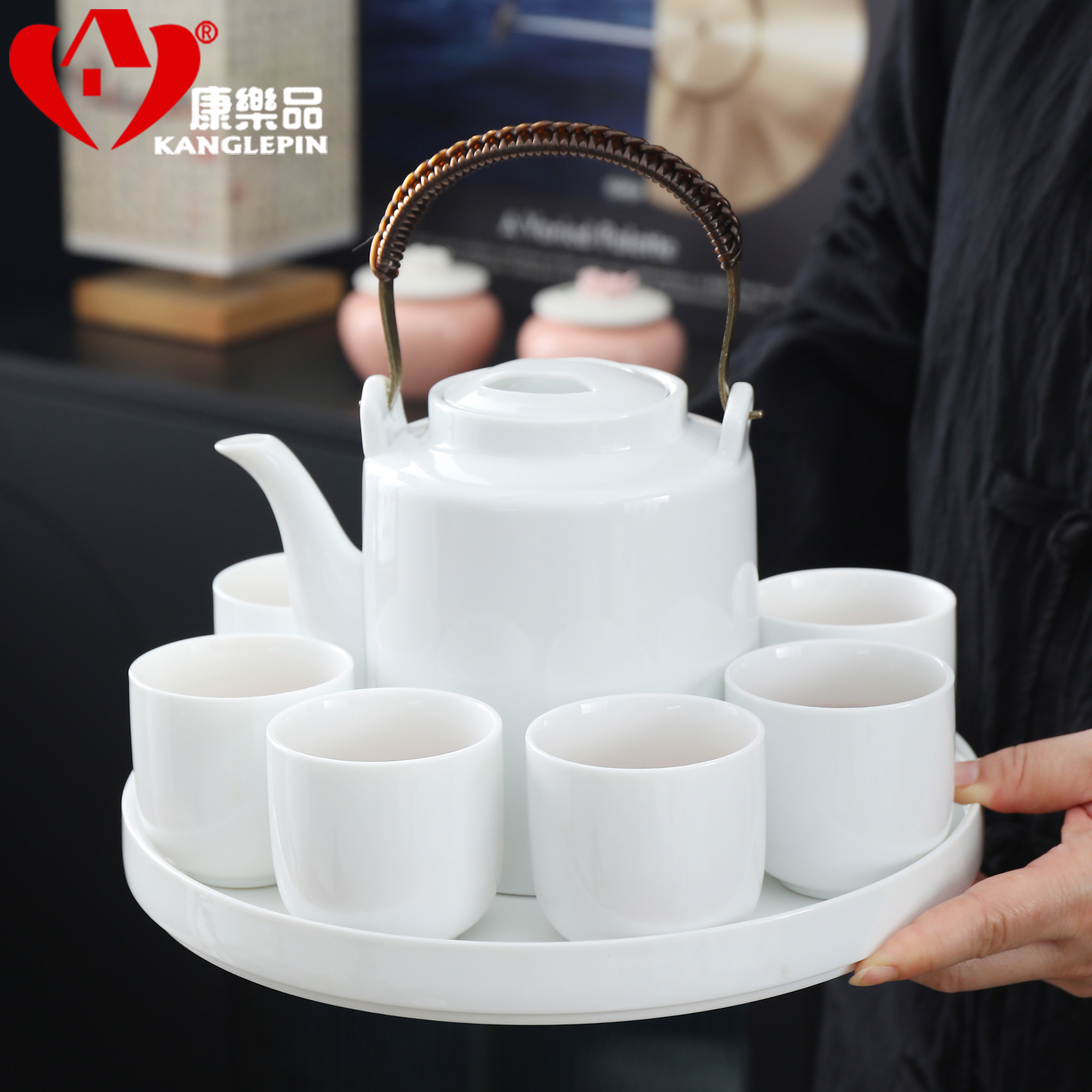 高白瓷提梁壶茶具套装景德镇陶瓷茶盘送长辈朋友老师生日乔迁礼物