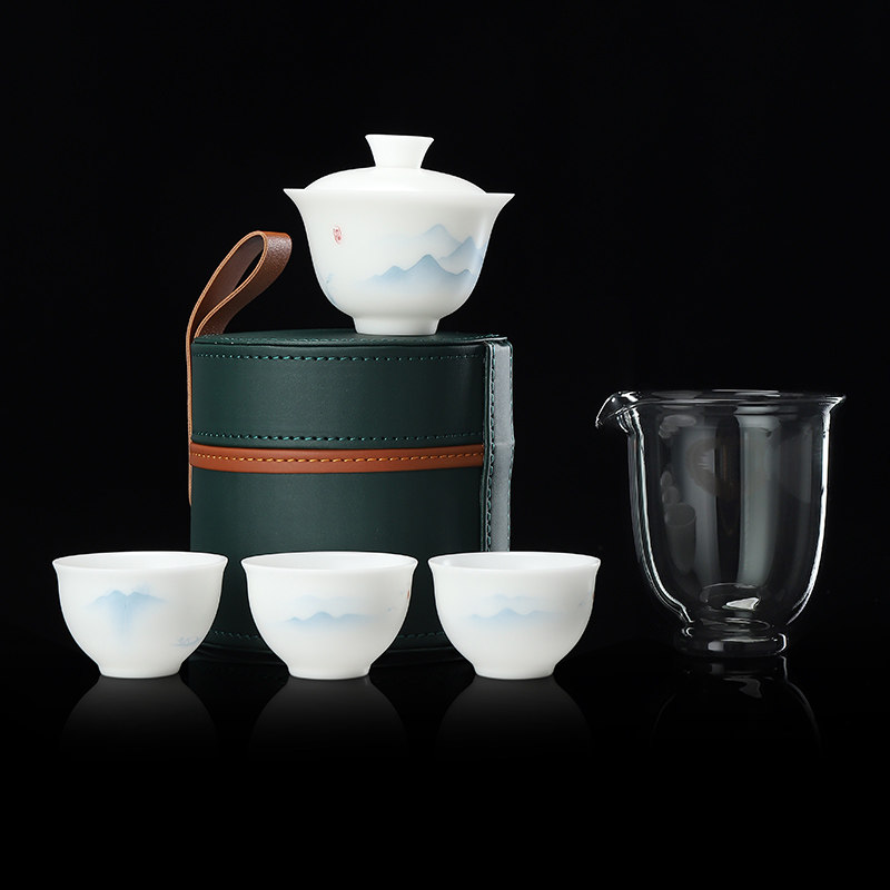 康乐品张丽娇大师羊脂手绘东方玉白瓷旅行功夫茶具套装便携式盖碗