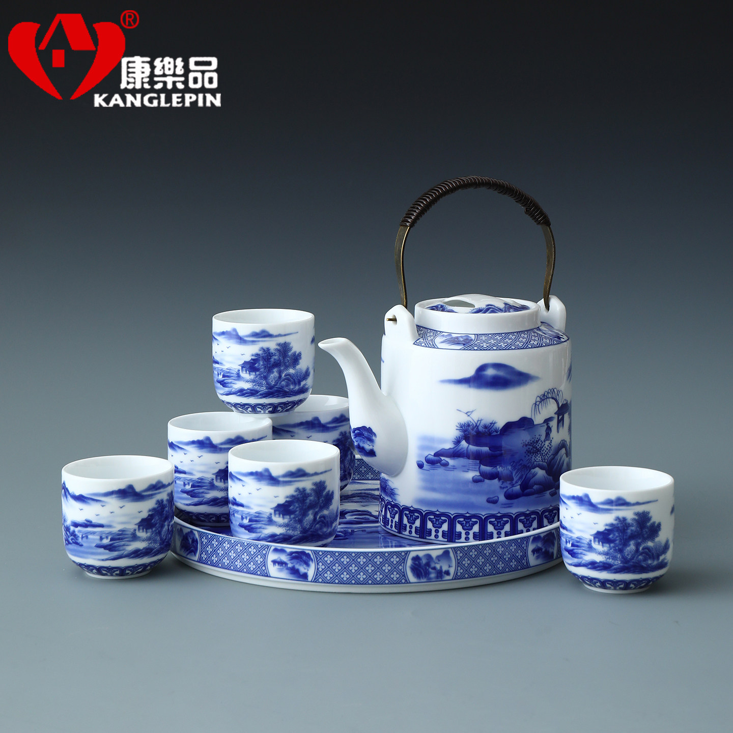 提梁壶青花瓷釉下彩功夫茶具套装图片