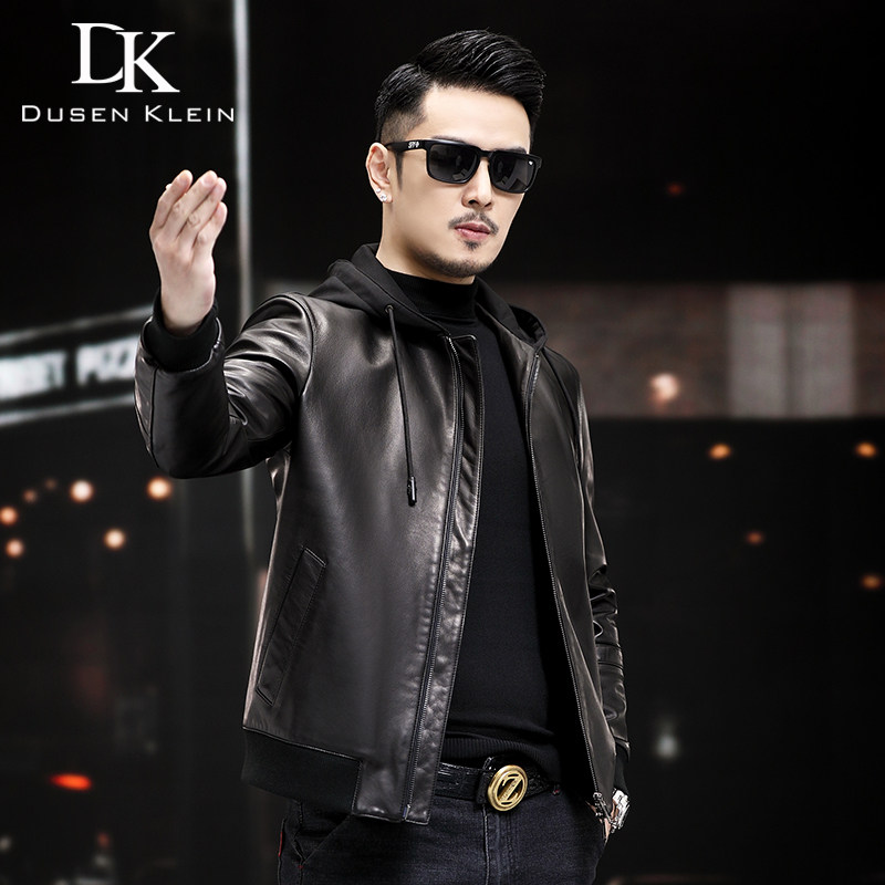 DK半植鞣山羊皮时尚连帽真皮夹克