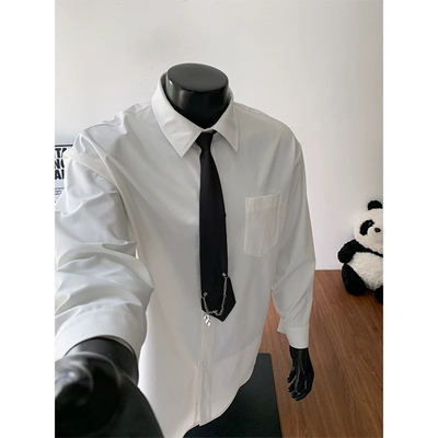 春季cityboy黑色领带长袖衬衫男款美式学院风dk衬衣内搭宽松外套