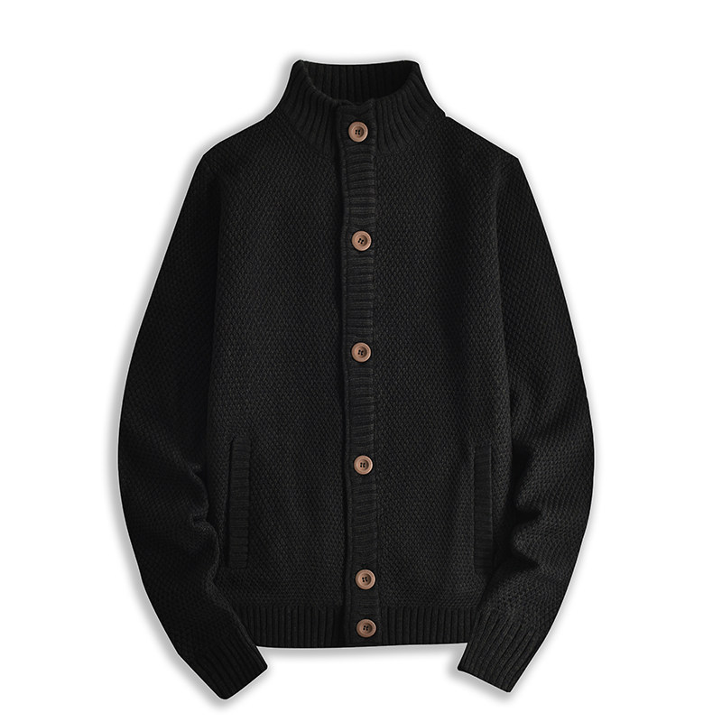 针织开衫男粗线毛衣加绒加厚胖子加肥加大码宽松扣板半高领休闲潮