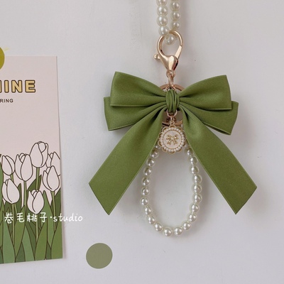 原创清新牛油果色哑面蝴蝶结钥匙扣珍珠链挂饰少女心钥匙链包挂件