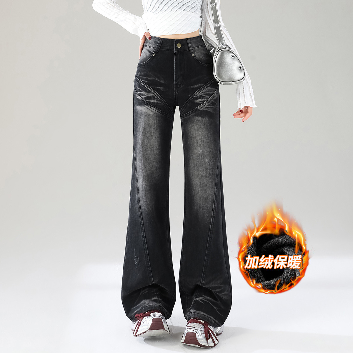 oneMore冬季宽松加绒牛仔裤