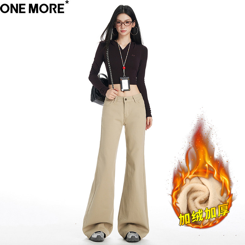 One More辣妹低腰微喇加绒牛仔裤女冬季加厚保暖宽松阔腿喇叭