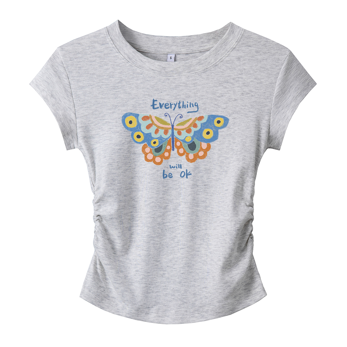 one more甜辣女褶皱显瘦圆领短袖T恤正肩收腰新款修身夏季上衣