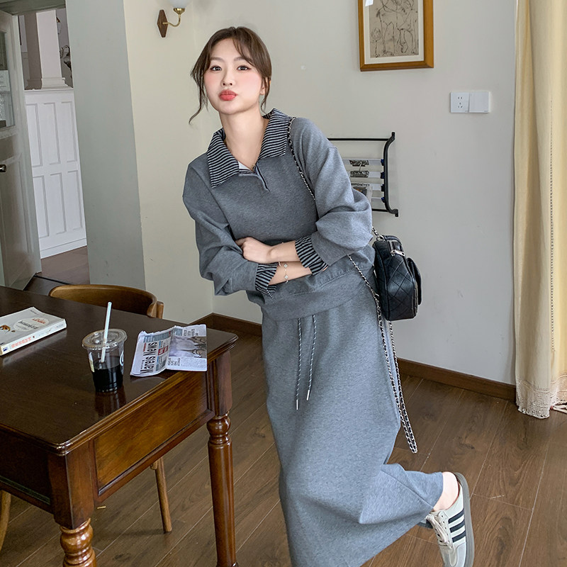 one more26年春秋灰色polo领卫衣半身裙套装显瘦休闲两