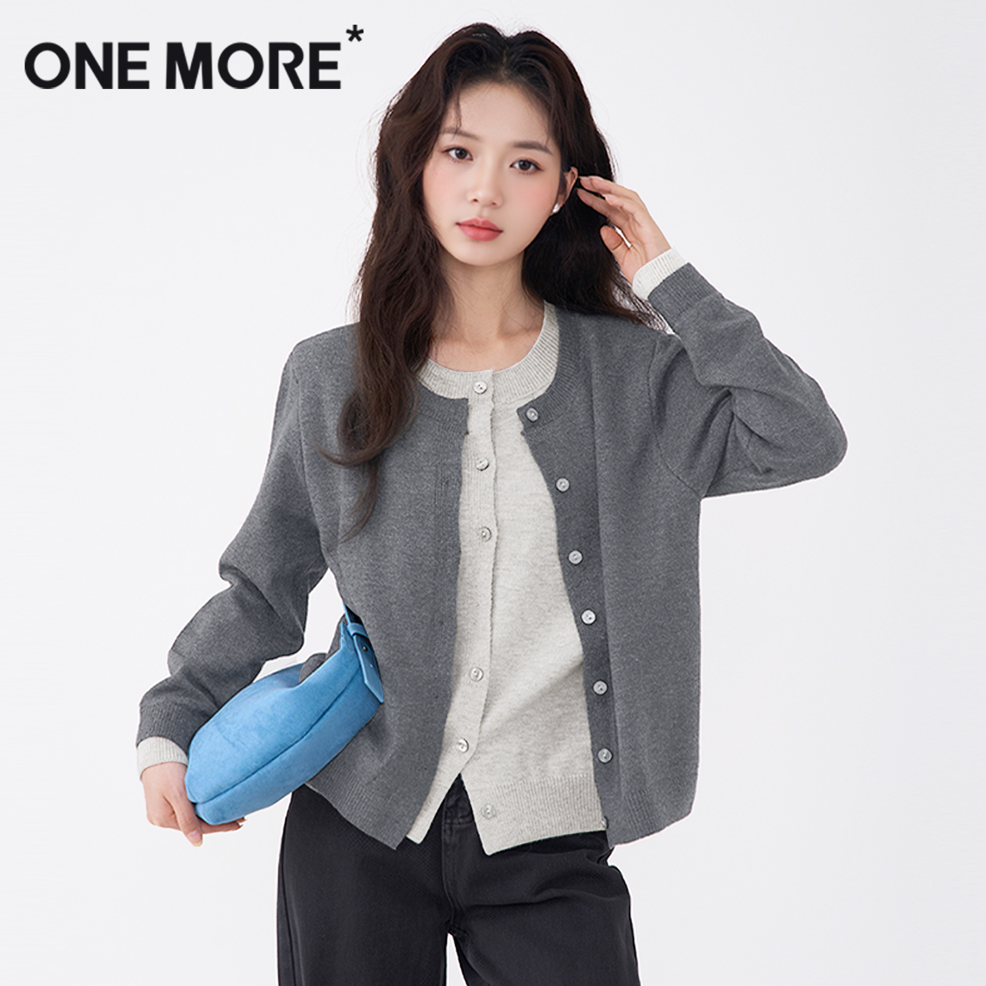 onemore假两件针织开衫外套女