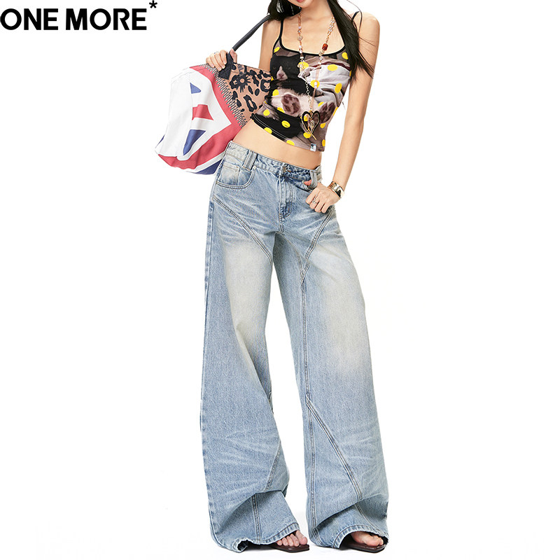 One More小众设计感低腰阔腿牛仔裤女2026春季新款复古宽