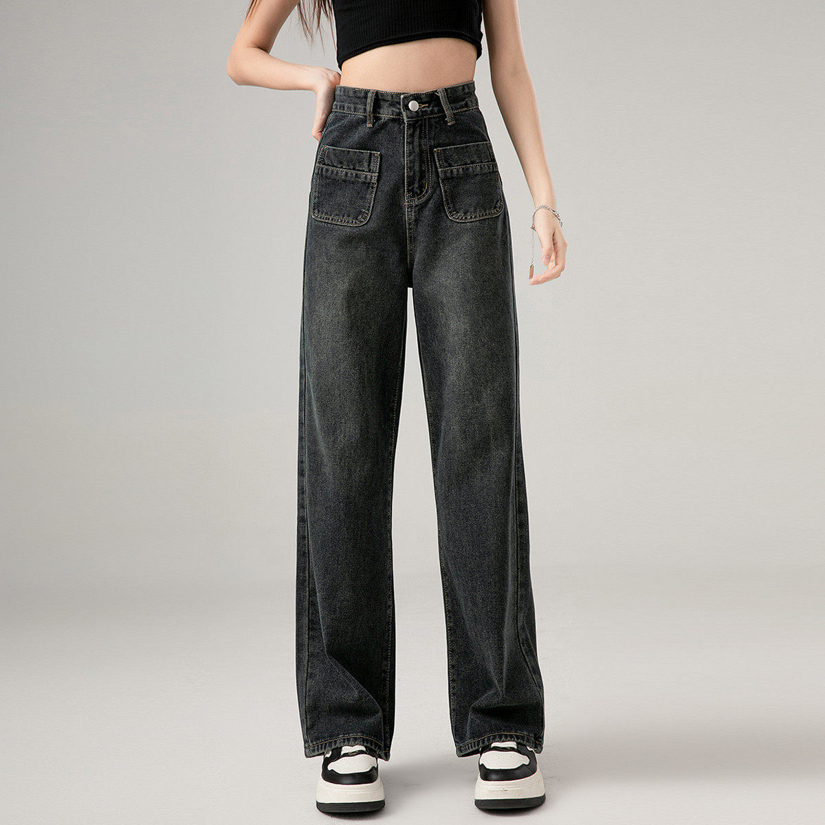 one more高腰阔腿牛仔裤女冬季2025港风复古坠感显瘦拖地