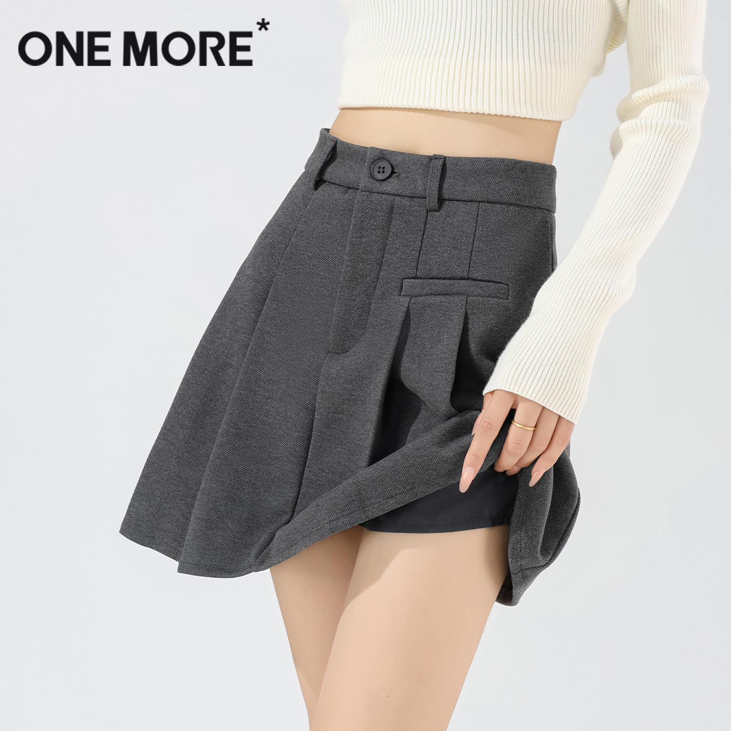 onemore毛呢高腰百褶裙
