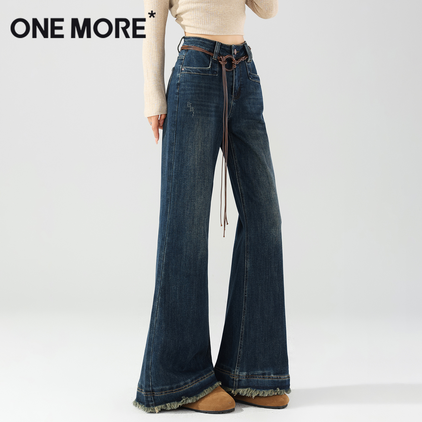 onemore流苏皮带筒喇牛仔裤