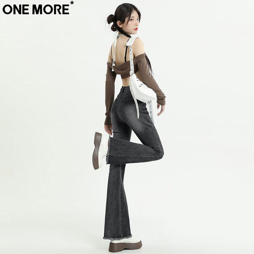 One More韩系高腰弹力微喇牛仔裤女夏季新款百搭黑色紧身微喇叭裤