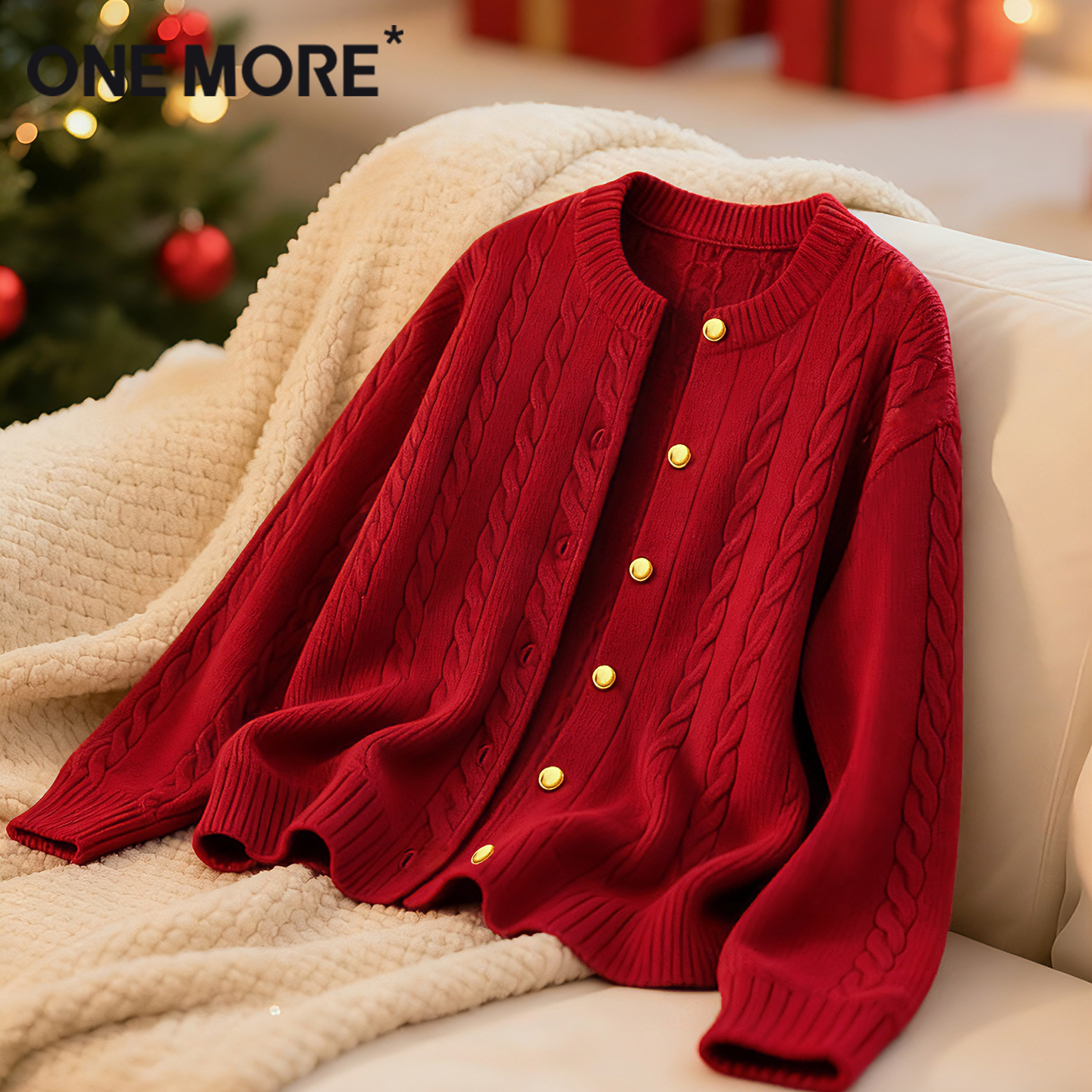 onemore红色毛衣开衫外套